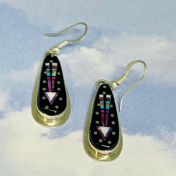 Sterling and Multi-Stone Inlay Teardrop Native American Earrings - Picture 4 of 9